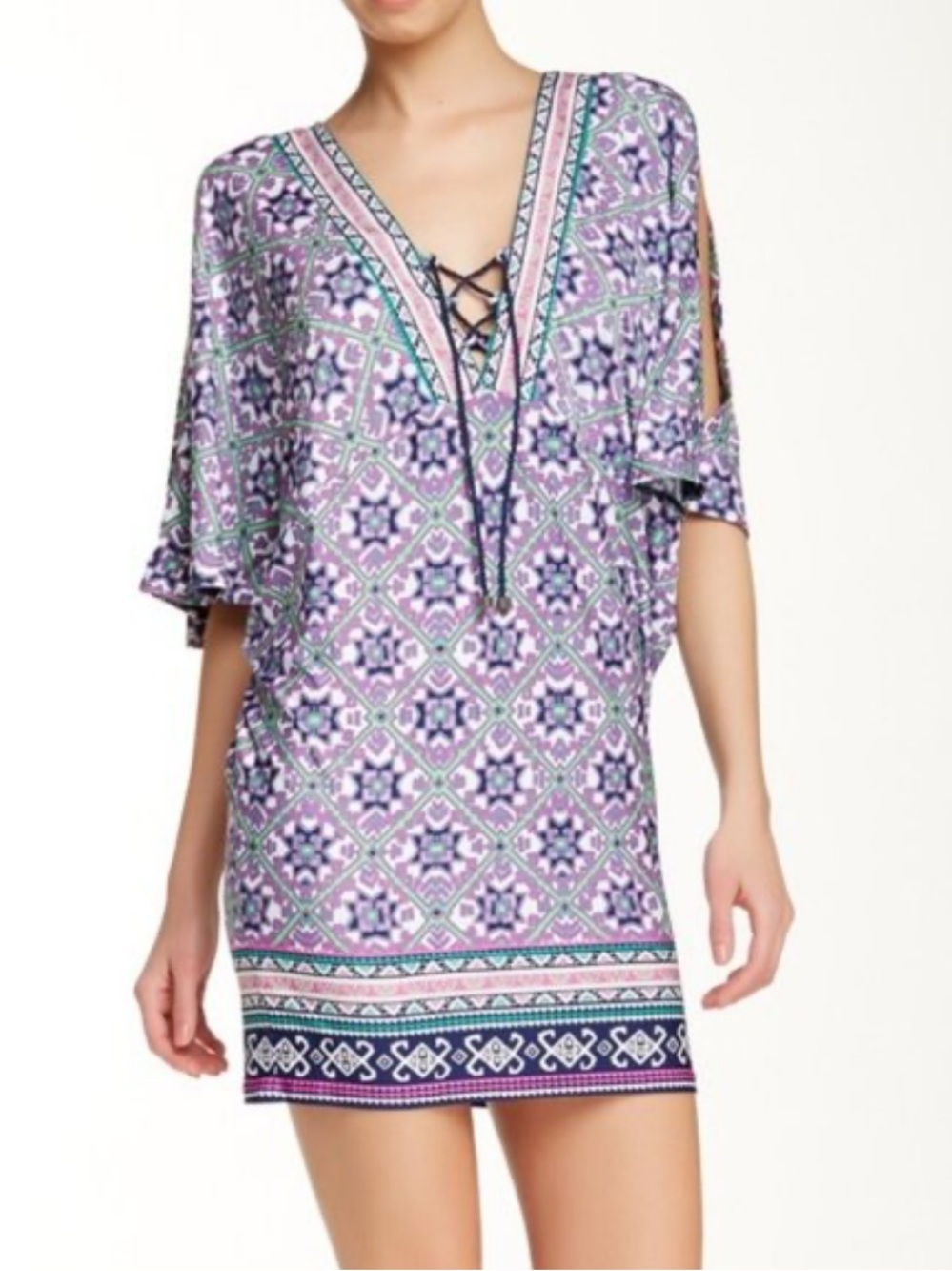 EUC Nanette Lepore Mallorca mosaic tunic purple & green geometric cover-up